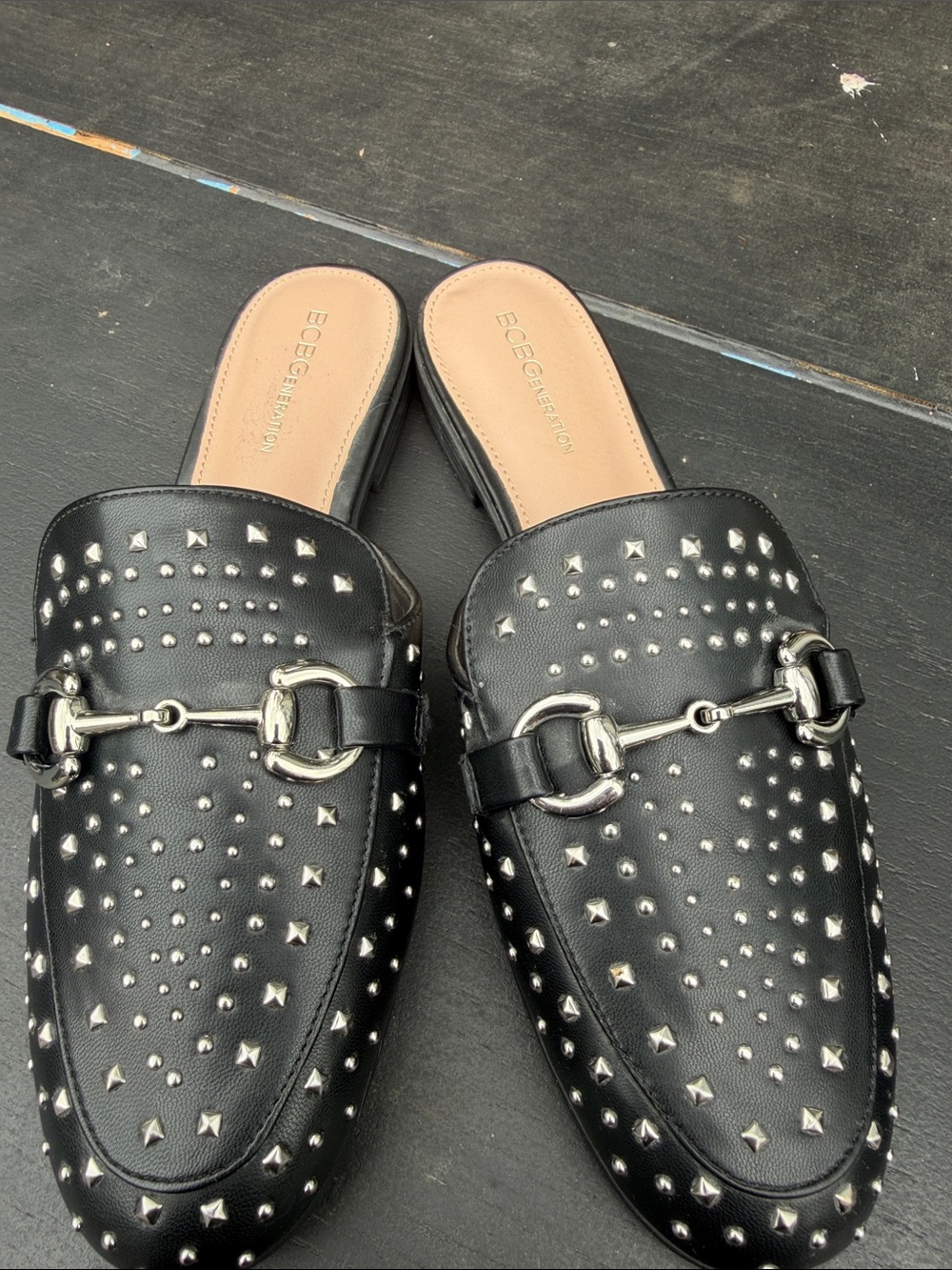 BCBGeneration Black Studded Slip-On Mules with Silver Bit